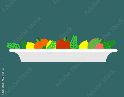 Simple white plate with colorful vegetables and fruit. Minimalist vector illustration of healthy food, ideal for diet, nutrition, or restaurant menu concepts.