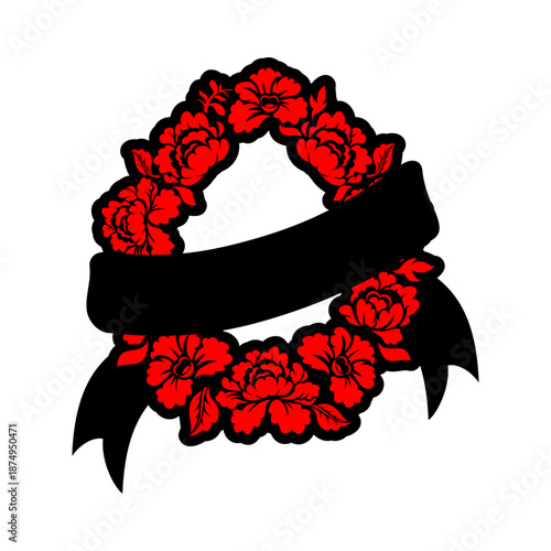 Red rose floral wreath with a black ribbon banner. Vector icon symbolizing mourning, tribute, loss, or memorial service.