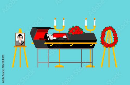 Funeral setting with a coffin, two wreaths, and a portrait on stands. Simple vector illustration of a wake or memorial service.