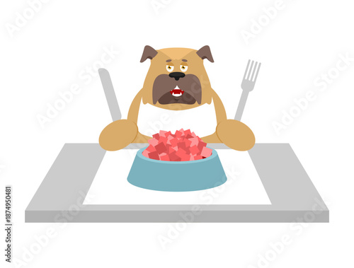 Well-mannered dog eating pet food with cutlery. Aristocratic canine dining experience, perfect for pet brands, humorous ads, or children's materials.