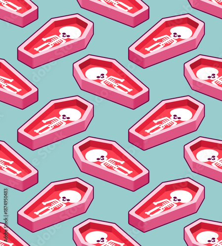 Seamless pattern of cute pink coffins with skeletons. Pastel gothic vector texture for fabric, Halloween wrapping paper, or quirky backgrounds.