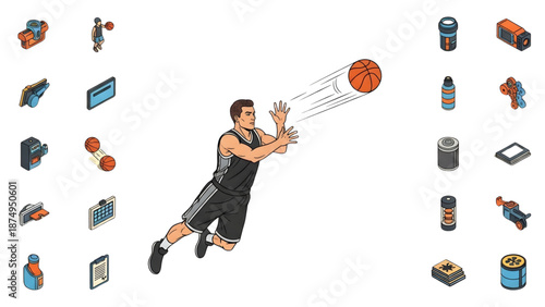 Vibrant isometric illustration showcasing a dynamic basketball player in mid-air, catching a fast-moving ball, surrounded by a collection of sports game assets and equipment icons for diverse projects