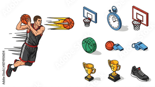 Energetic basketball game scene featuring an athlete's powerful jump shot, complemented by a collection of iconic isometric elements representing the thrill of sports and ultimate triumph