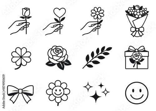 Hand drawn line art love and celebration elements set featuring hands holding flowers, a bouquet, gift, and decorative symbols for romance and special occasions
