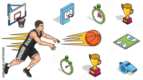 Set of basketball icons featuring a player, ball, hoop, trophy, stopwatch, and whistle, representing sports and competition
