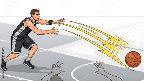 Energetic illustration of a male basketball player in action, expertly dribbling or making a quick pass during a fast-paced game on the court, highlighting speed, agility, and athletic prowess