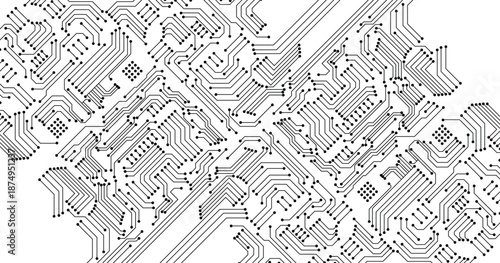 Abstract black circuit board technology connected lines electronics elements computer motherboard chip processor semiconductor digital on white background vector