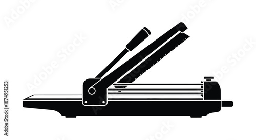 A black silhouette of a manual tile cutter tool shown in a side view silhouette