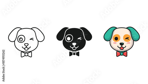 Cute cartoon dog faces with bow ties in various styles