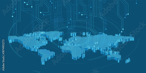 Isometric World Map with Digital Circuit Network and Global Technology Connection