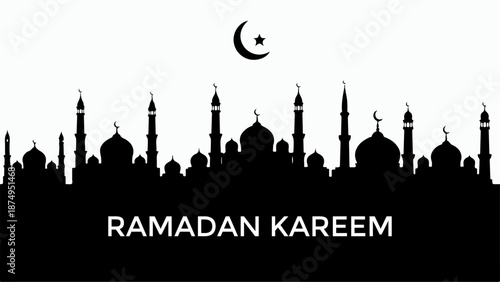 Ramadan Kareem greeting with a silhouette of Islamic mosques and a crescent moon with a star above.