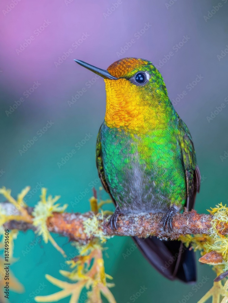 Fototapeta premium Wild Fiery-throated Hummingbird on Larch Branch Premium Wildlife Content for Marketing, Social Media, and Editorials
