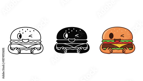 Three cartoon burgers with different facial expressions