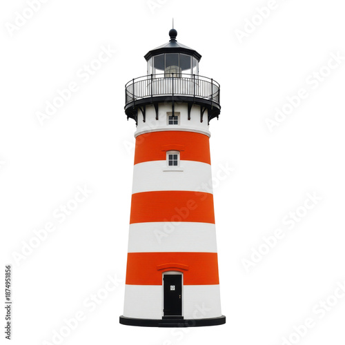 A tall red and white striped lighthouse with a black door and railing isolated on transparent background
