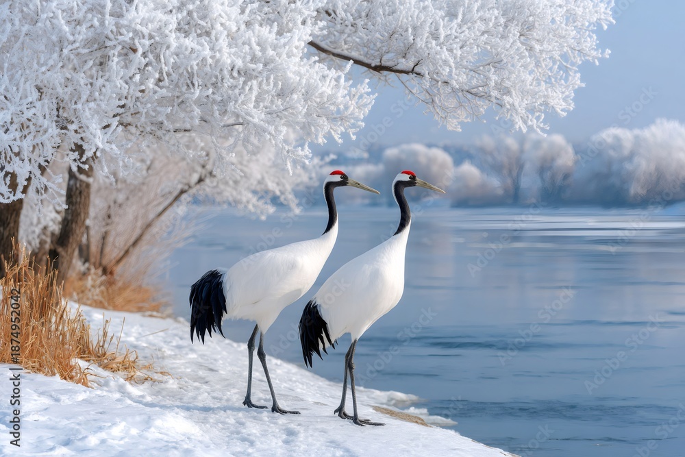 Fototapeta premium Red-crowned cranes standing on snowy riverbank in winter