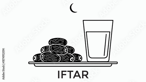 A simple line drawing depicts a plate of dates next to a glass of water, symbolizing Iftar during Ramadan.