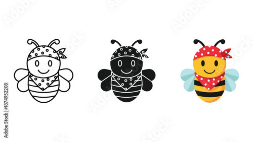Cute cartoon bees with bandana headband in different colors