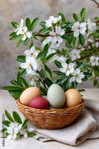 Easter basket with spring flowers and naturally dyed eggs