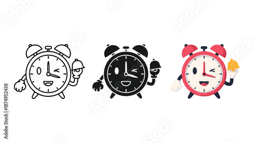 Cartoon alarm clocks with different expressions and colors