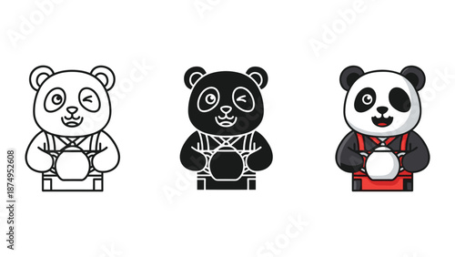 Panda bear cartoon character holding ball in different colors