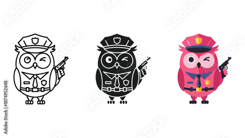 Cartoon owl police officer illustration set