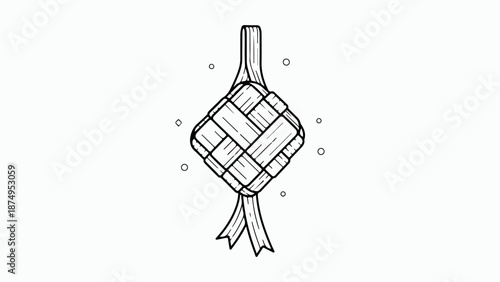 Black and white line art illustration of a traditional woven ketupat, a rice dumpling often served during Eid al-Fitr celebrations.