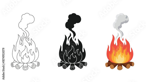 Set of three campfire icons outline, silhouette, and colored illustration of burning logs with smoke