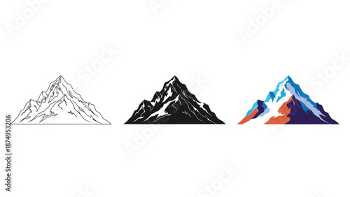 Set of three mountain peak illustrations sketch, silhouette, and colorful geometric style