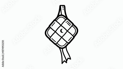 Line art drawing of a ketupat, a traditional rice dumpling, with a crescent moon symbol, often associated with Eid al-Fitr celebrations.