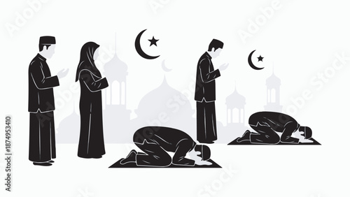 Black and white illustration showing Muslim men and women performing various postures of Islamic prayer, with mosque silhouettes and crescent moon symbols in the background.
