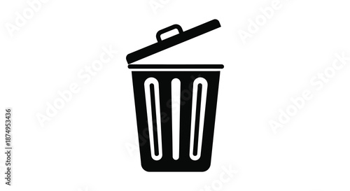 A simple black and white illustration of an open trash can clearly defined silhouette