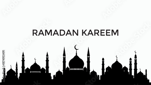 A black silhouette of a mosque skyline with domes and minarets under a crescent moon, featuring the text "RAMADAN KAREEM" on a white background.