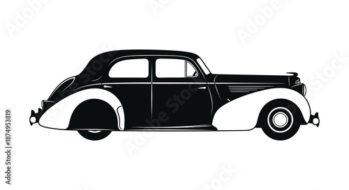 A classic vintage automobile design presented in a striking black and white silhouette