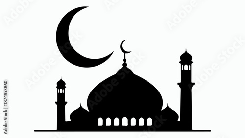 A black silhouette of a mosque with a large crescent moon and two minarets, symbolizing Islamic architecture and faith.