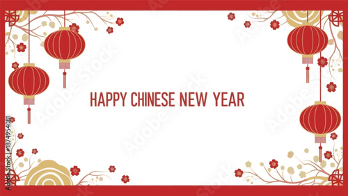 Vibrant Lunar New Year greeting banner with traditional red lanterns, delicate plum blossoms, and auspicious golden patterns, symbolizing prosperity