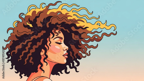 Woman with curly brown and blonde hair profile view against gradient blue and pink background