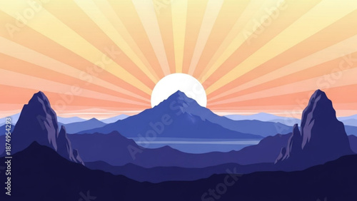 Vibrant sunrise over majestic mountain range with radiant sun rays serene landscape