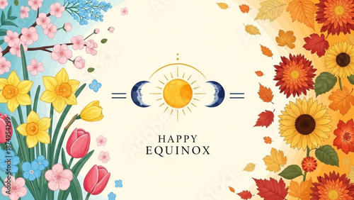 Vibrant spring and autumn florals with happy equinox text and sun moon phases on cream background