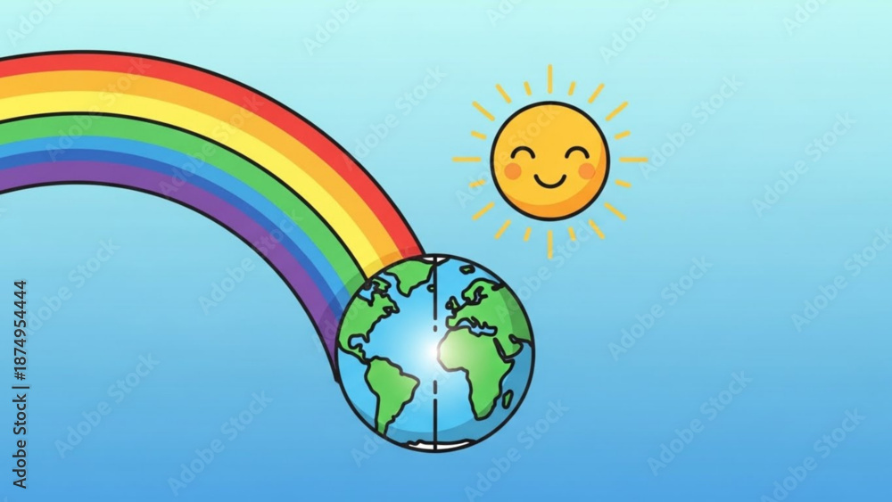 Fototapeta premium Vibrant rainbow emerging from earth with a smiling sun in a bright blue sky symbolizing hope and environmental harmony