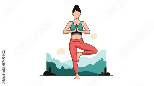 Woman practicing tree pose yoga with hands together in front of mountains at sunrise
