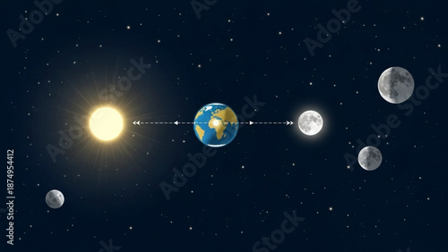 Earth and moon phases orbiting sun in space with stars