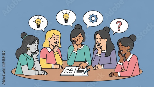 Diverse group of women brainstorming ideas together at a table with thought bubbles