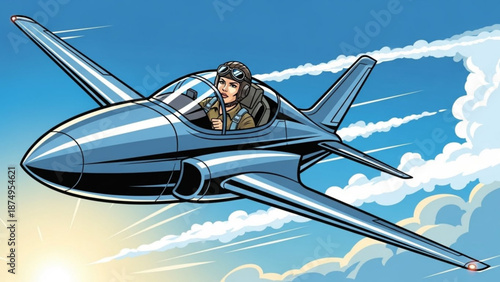 Pilot in a sleek blue fighter jet soaring through a sunny sky with white clouds