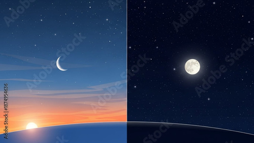Split view of daytime and nighttime sky with crescent moon and full moon above the earth's horizon