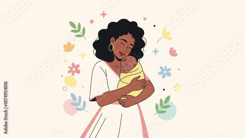 Loving mother holding newborn baby surrounded by colorful flowers and leaves symbolizing joy love and new life with a warm and nurturing atmosphere