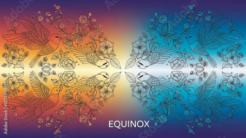 Vibrant equinox illustration with floral patterns and birds in gradient background