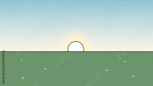 Sunrise over green landscape with white dots serene natural scenery peaceful morning atmosphere