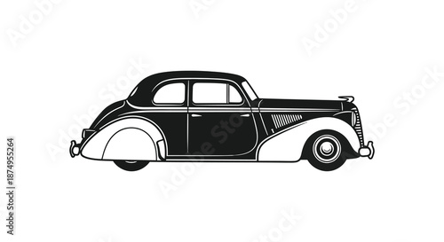 A classic vintage automobile s side view depicted in a striking black and white silhouette
