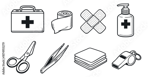 Hand drawn first aid set featuring a kit box, bandages, sanitizer, scissors, and a whistle for emergency situations