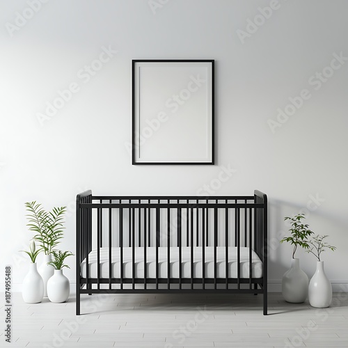 Modern Nursery with Black Crib and Plants